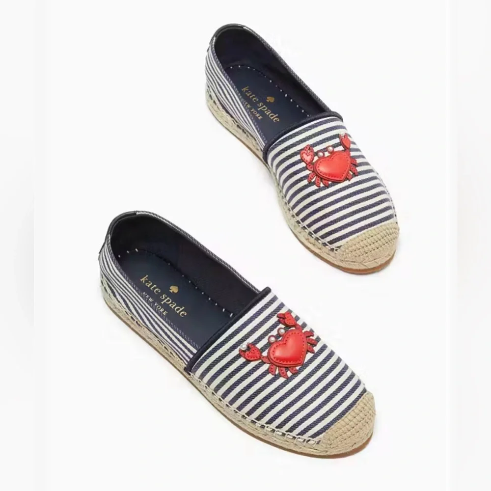 Kate Spade Navy and White Striped Espadrilles with Red Crab Detail - Picture 1 of 10